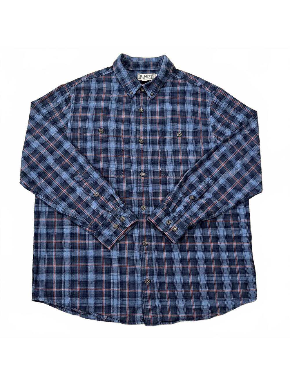 Duluth Trading Co Mens Free Swingin Blue Plaid Flannel Shirt Slim Fit Size XL